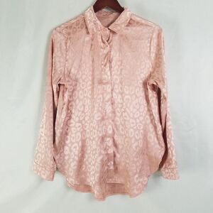 Womens Shirt Medium‎ Pink Top Leopard Print Long Sleeve Collared Button Up